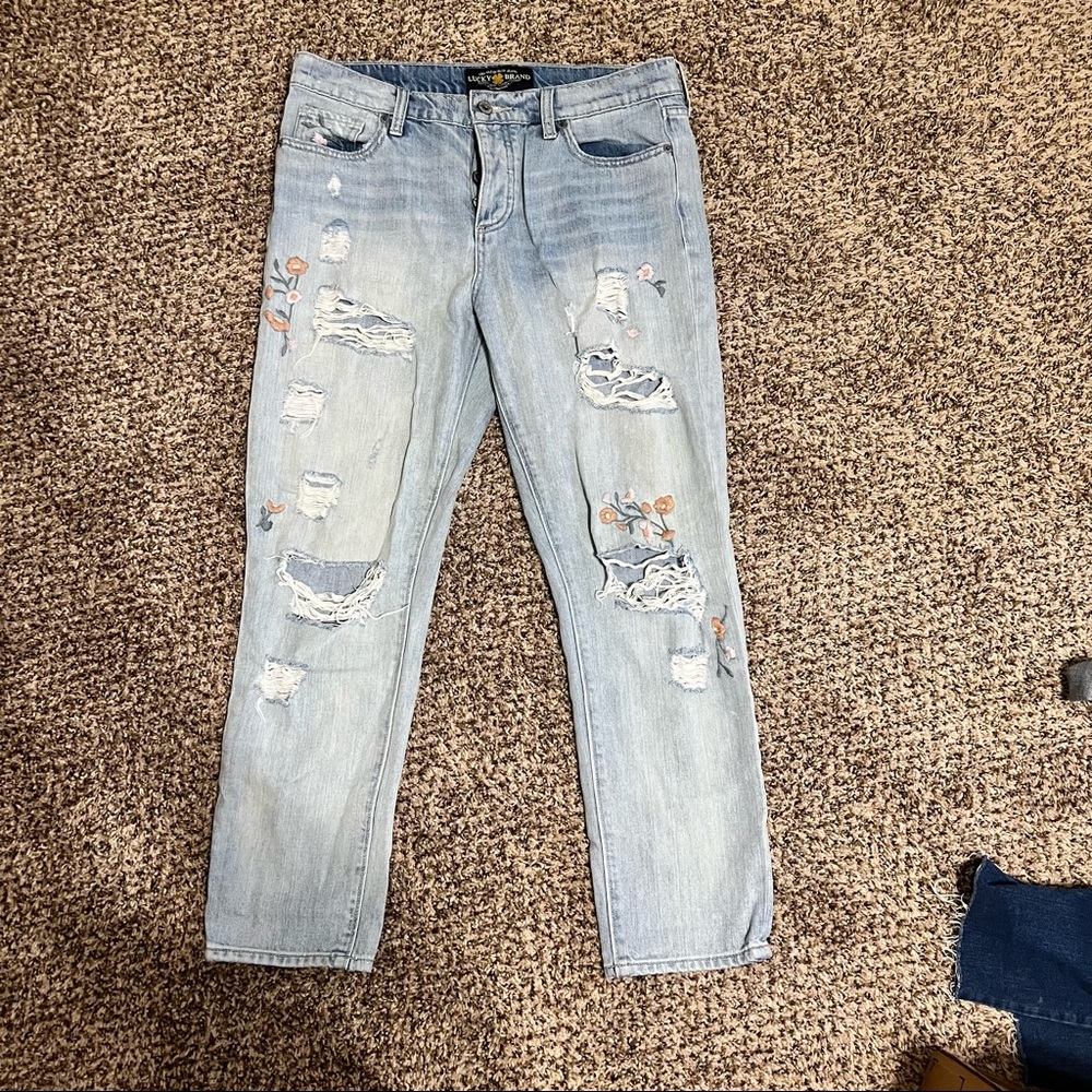 Lucky Brand Embroidered Distressed Light Wash Jean